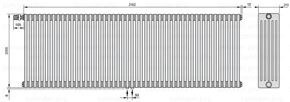 Схема (чертеж) Радиатор Zehnder Charleston 6200/47 №V007 Белый глянцевый RAL 9016